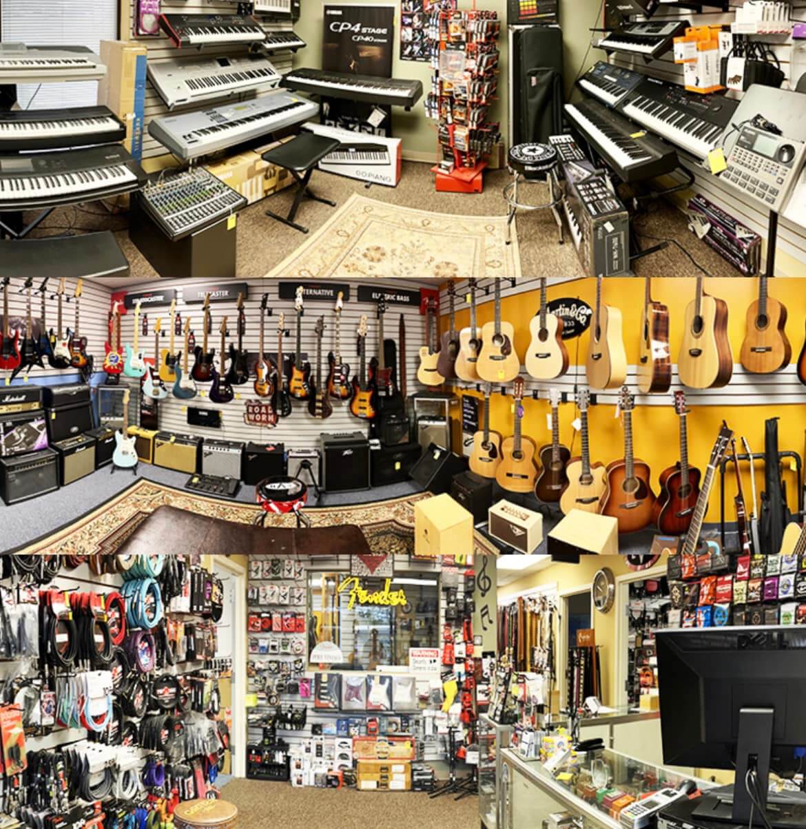 photo of the 8th Street Music showroom featuring guitars, keyboards, drums, amps and more